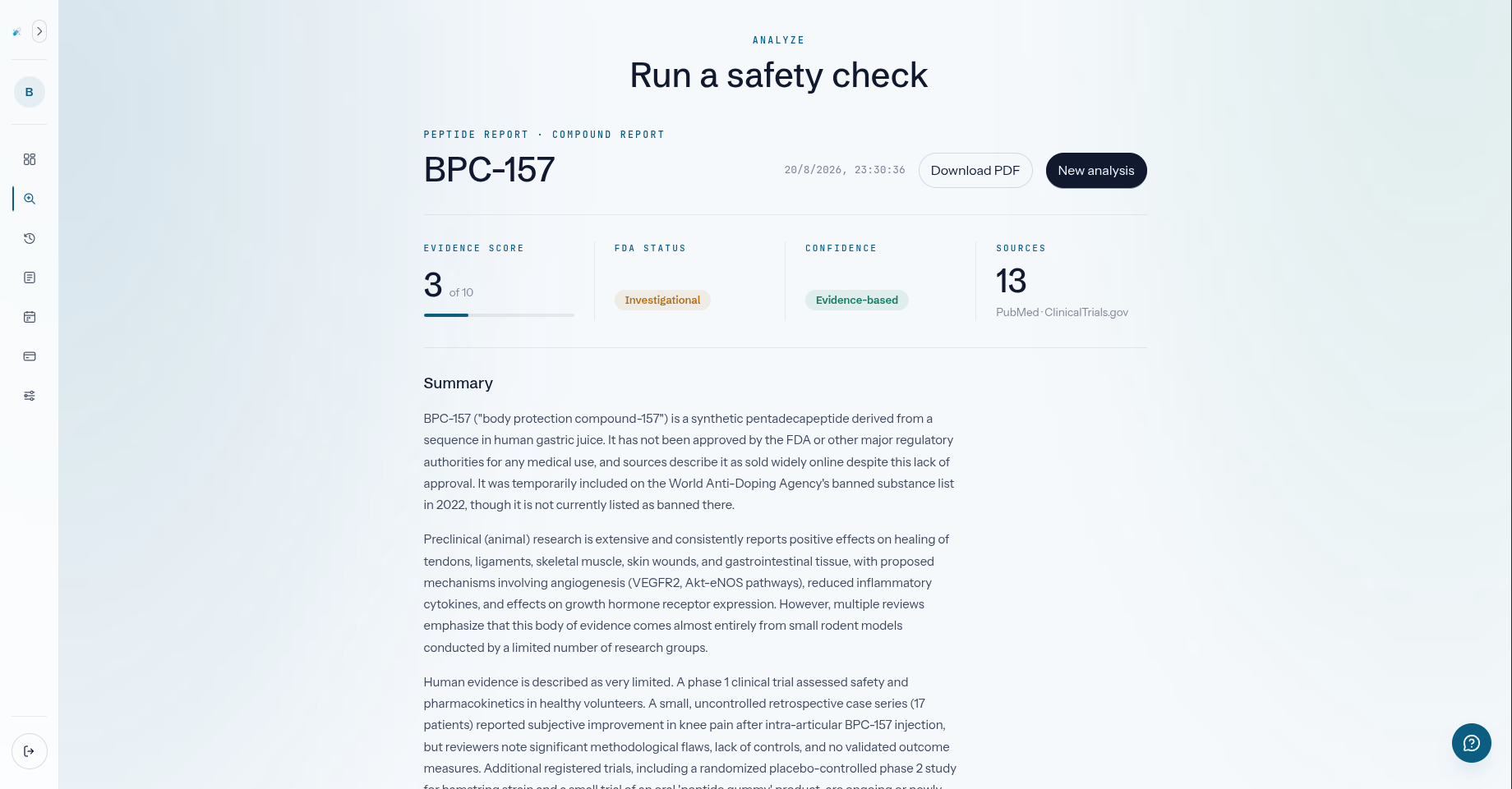 A PepGuard report with evidence score, FDA status, confidence, and cited sources
